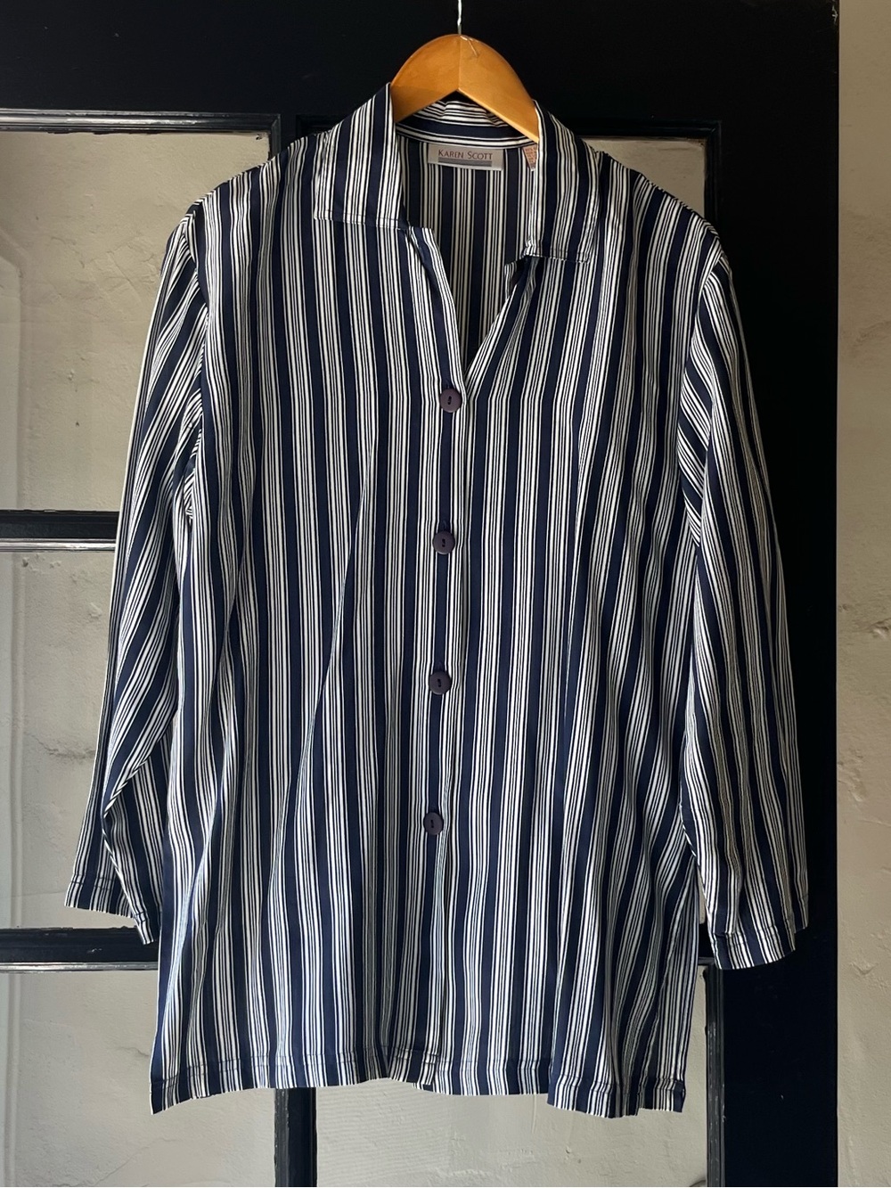 Lovely 90’s Vintage Karen Scott Navy & White Striped Oversized Button Up